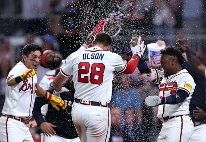 Matt Olson getting sprayed with water and stuff after a walkoff homer