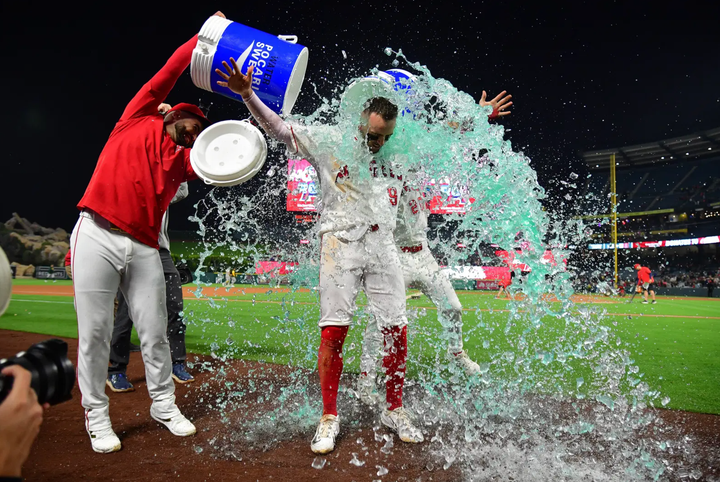 Zach Neto of the Angels gets a Gatorade bath