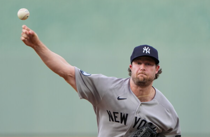 Gerrit Cole pitching straight at the camera 