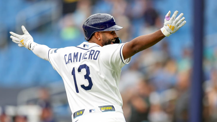 Junior Caminero with his arms out after a home run