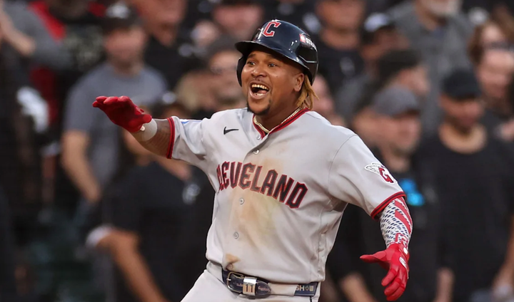 Jose Ramirez smiling after hitting a. homer