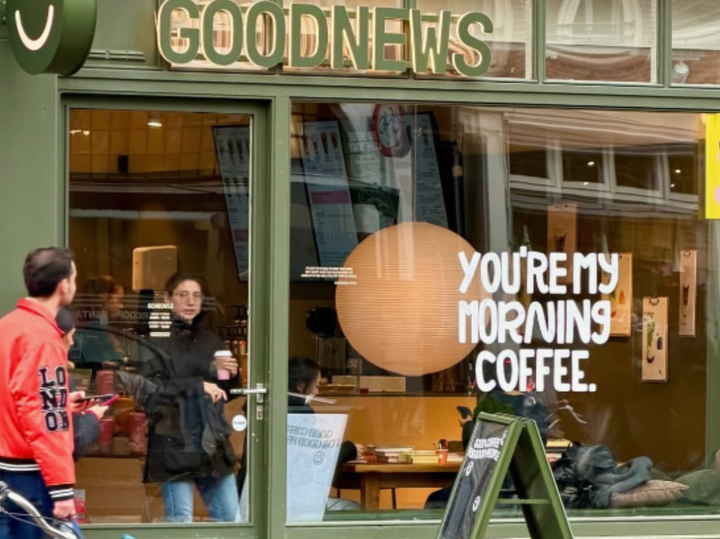 A storefront in Amsterdam that says "You're my morning coffee"