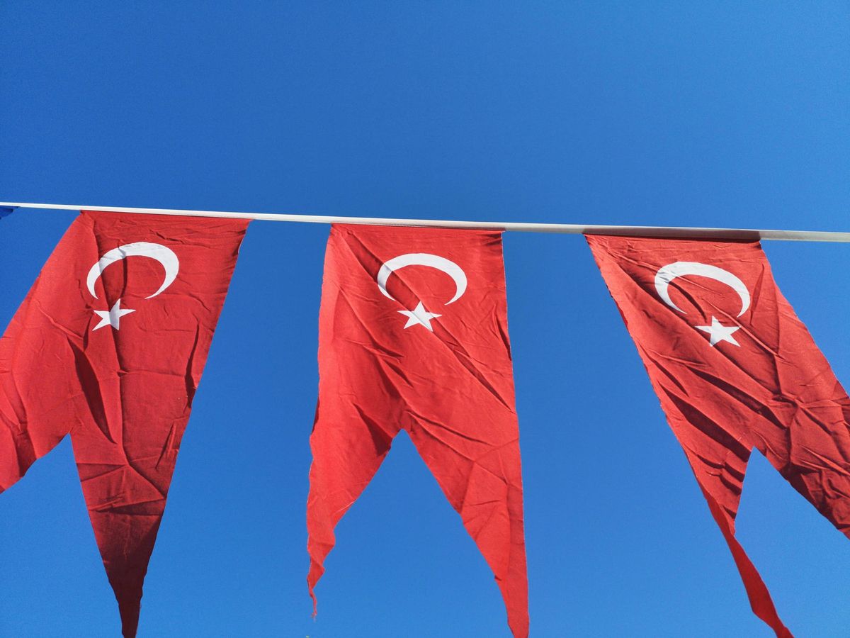 Three turkey flags on a clothesline 