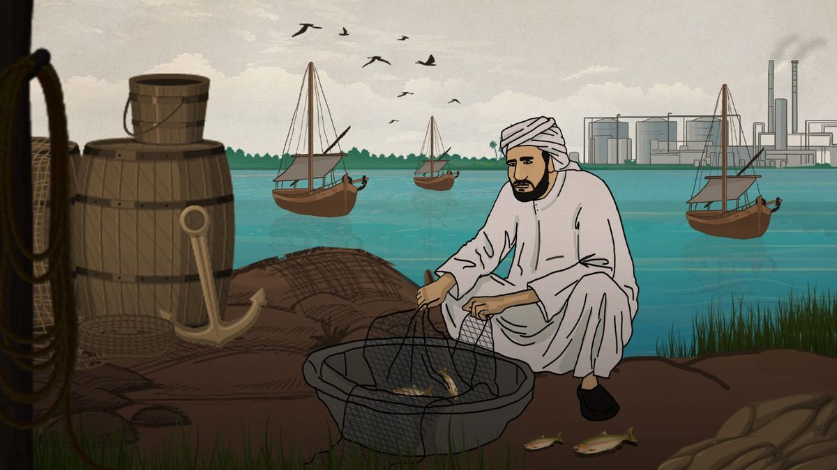 An illustration showing a Bahraini fisherman on the shores of the Arabian Gulf, tending to his fishing net.