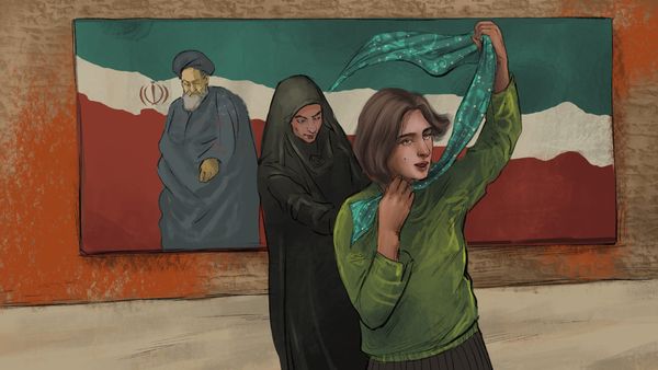 Morality police in Iran before a poster of Iran's leader as a woman takes off her headscarf