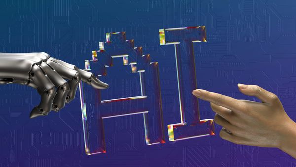 A robot hand and a human hand trying to touch each other with "AI" in the middle