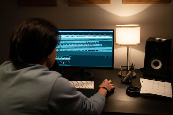 A woman reviewing audio files on her computer