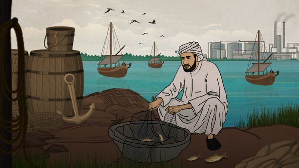 An illustration showing a Bahraini fisherman on the shores of the Arabian Gulf, tending to his fishing net.
