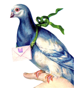 A pastel drawing of carrier pigeon purched on a hand with an evelope tied with a green ribbon around its neck with UCU as the return address.