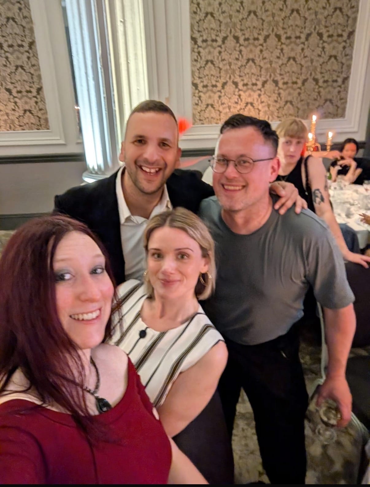 Front to back: President Elect Suzi Toole, General Secretary Jo Grady, Green Party leader Zack Polanski, and Vice President Mark Pendleton at UCU Congress dinner, 28 May 2026. Photo: Suzi Toole