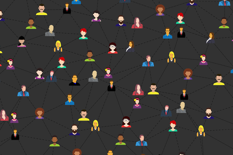 Many different cartoon figures connected by a network of lines