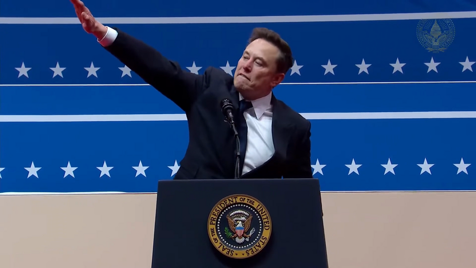 Elon Musk at Donald Trump's inauguration performing something that Wikipedia describes as 'a salute interpreted by many as a Nazi salute'alute that 