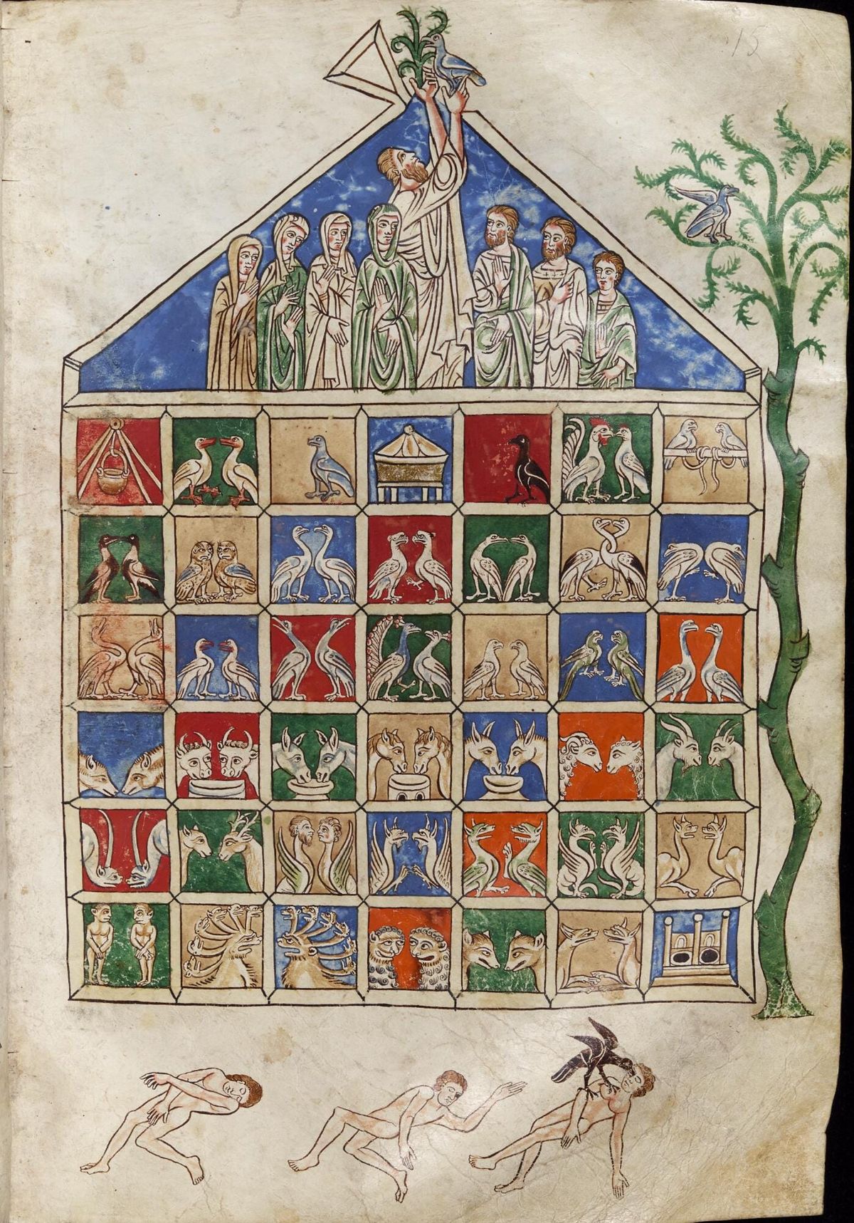 Noah's ark, with Noah, his wife, children, a dove and olive-branch. Below are 42 pairs of animals. To the right, a dove plucking a branch. Below, three corpses, a raven plucking out an eye.
