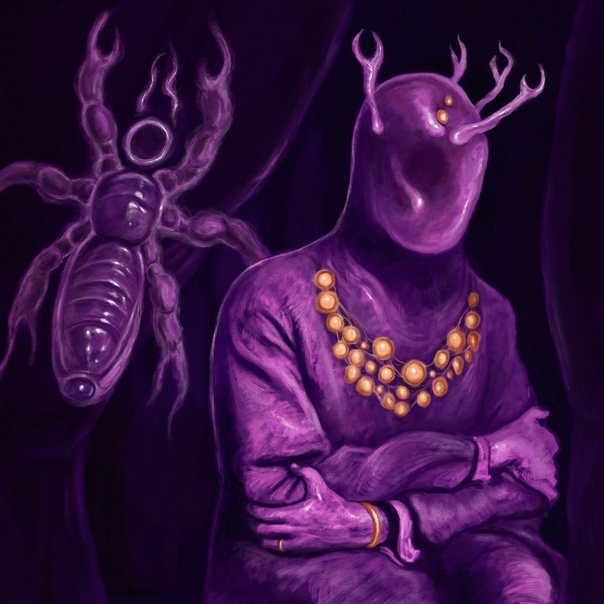 Album cover for Six Tenants Killing One Homeowner Six Times Over. It is a purple digital painting of a faceless person(?) growing horns and a giant eldritch spider behind them.