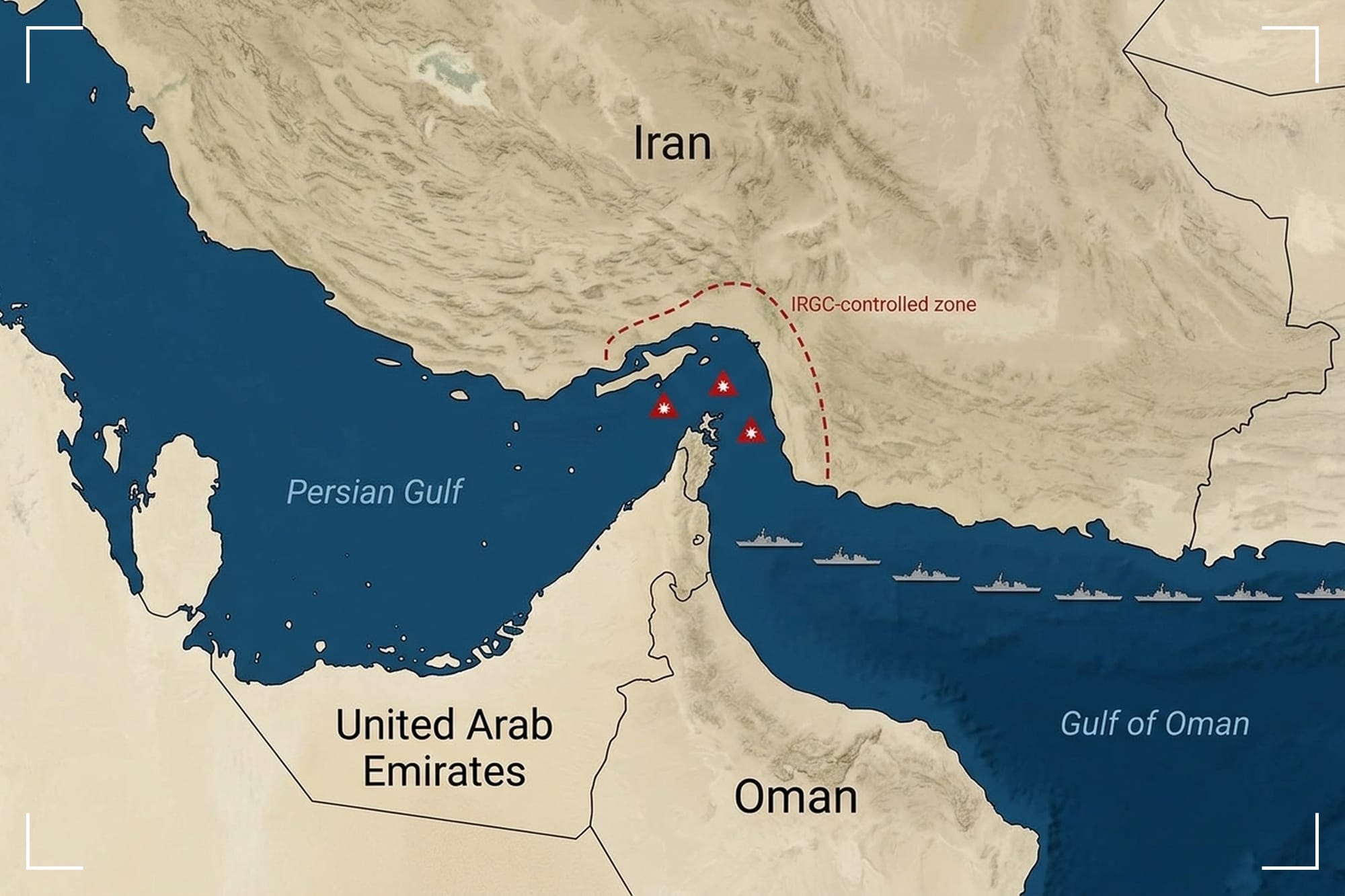 Map showing the Strait of Hormuz between Iran and Oman, highlighting the narrow waterway through which 27% of global maritime oil trade passes