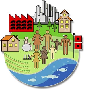 Illustration of people gathered among simple buildings in a town.