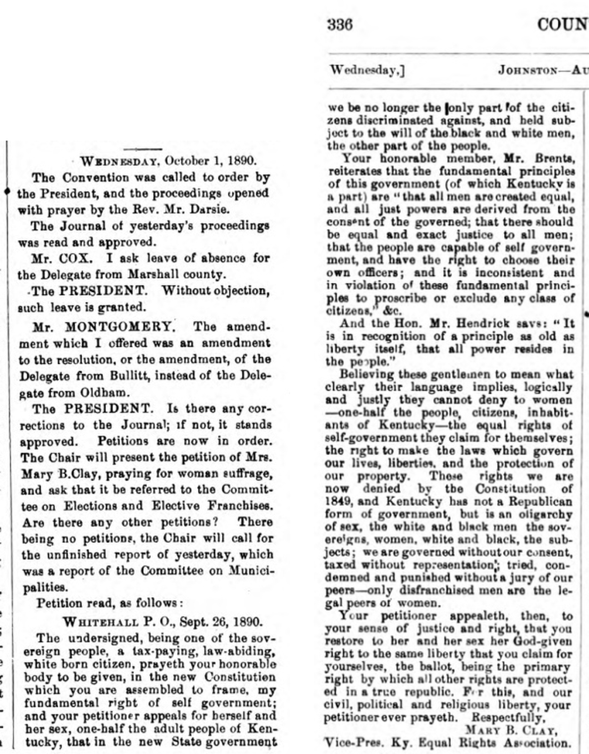 Mary B. Clay’s 1890 woman suffrage petition as printed in the convention record, pages 335–336