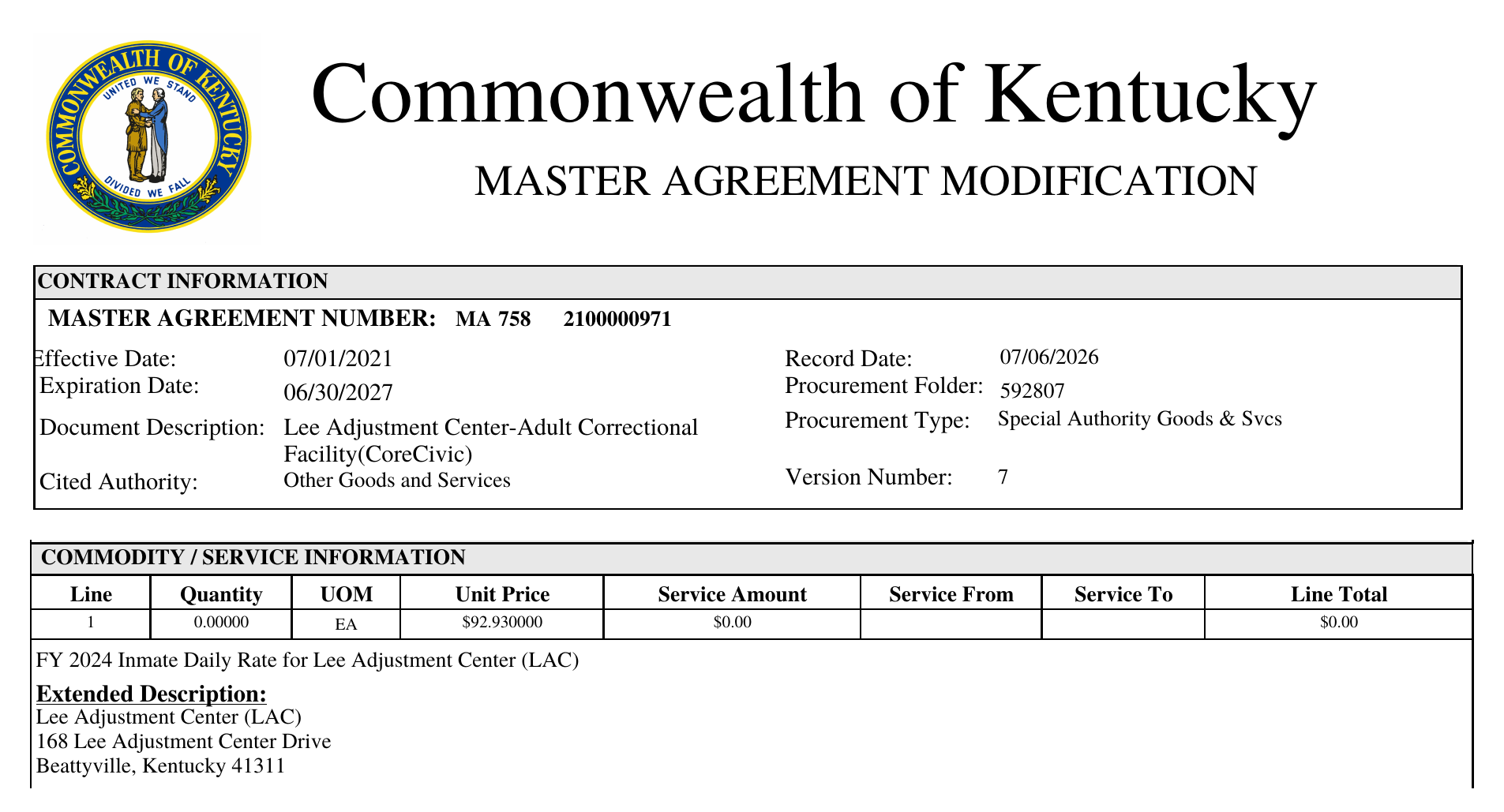 Kentucky master agreement with CoreCivic for the Lee Adjustment Center, showing a unit price of $92.93 labeled as the inmate daily rate.
