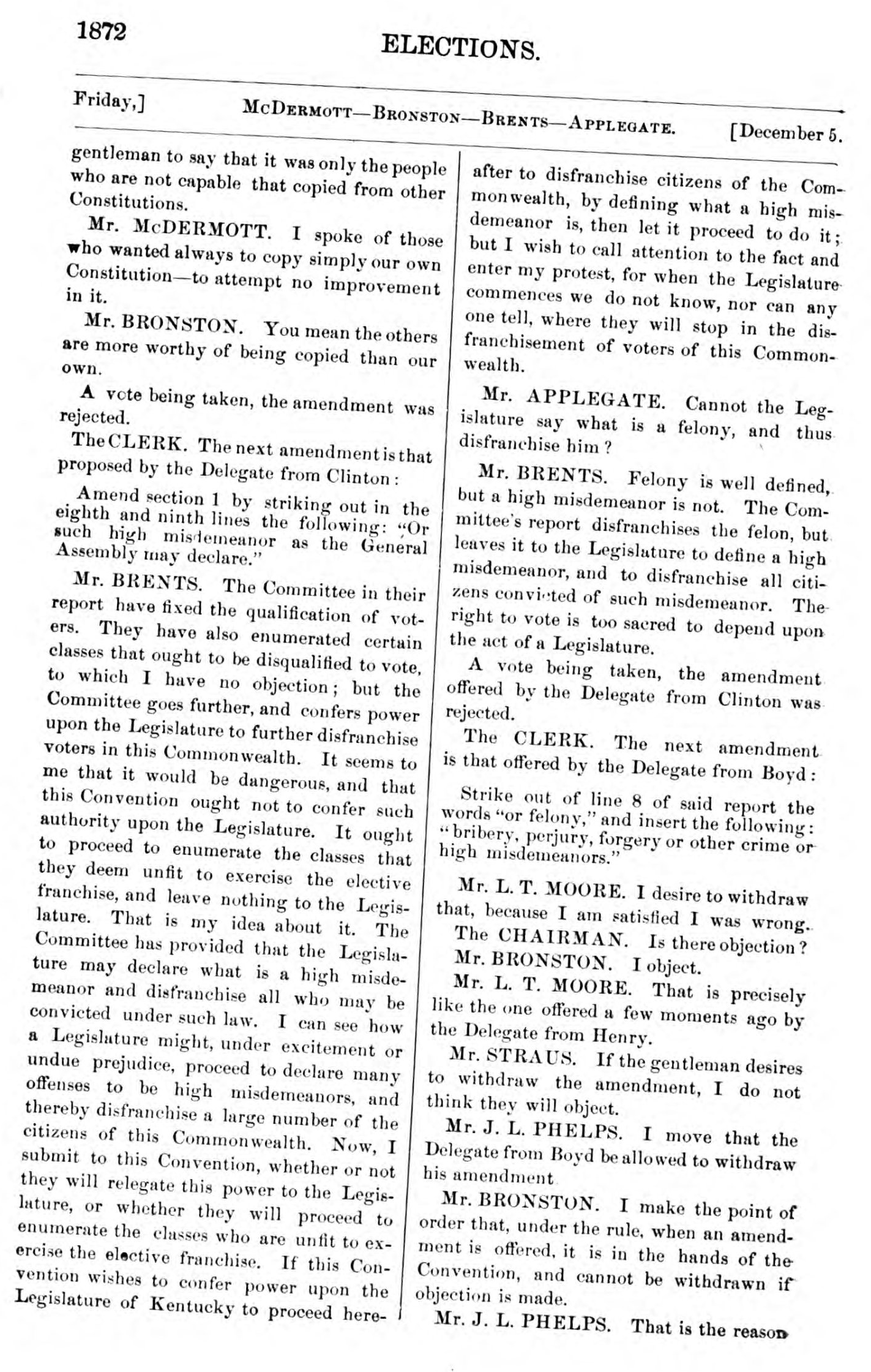 Page 1872 of the 1890 Kentucky constitutional convention record, showing Brents and Applegate debating the legislature’s power to disfranchise