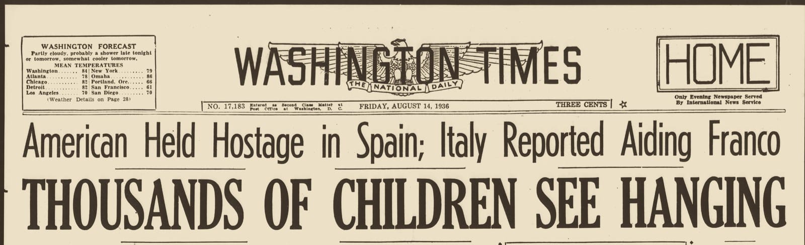 Front page of the Washington Times for August 14, 1936, with the banner headline “Thousands of Children See Hanging.”