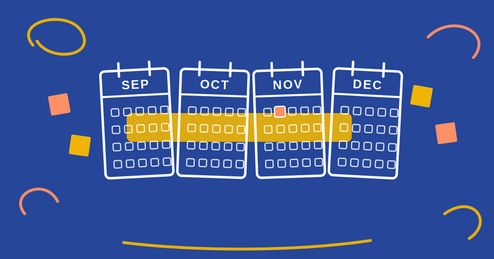 Four calendar pages, September to December, with a highlighted window around Election Day.
