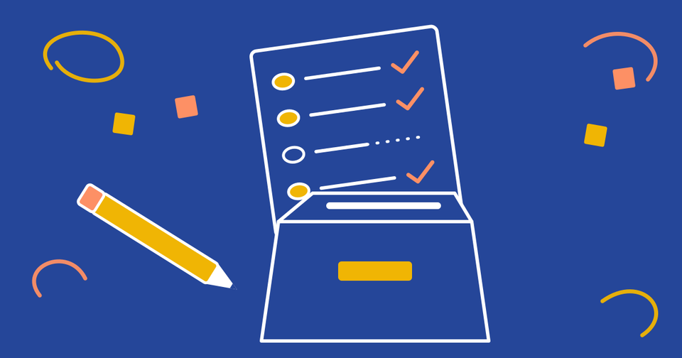 A hand-drawn ballot marked like a test, with three answers checked and one left blank, sliding into a ballot box beside a pencil.