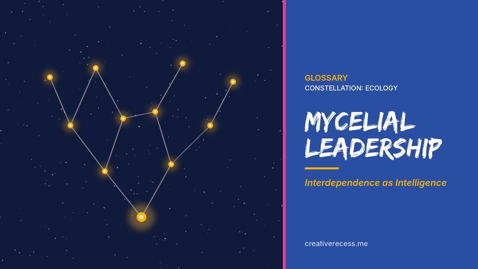 Gold stars branching upward from a single root star like a fungal network, beside the title “Mycelial Leadership” and the line “Interdependence as Intelligence.”
