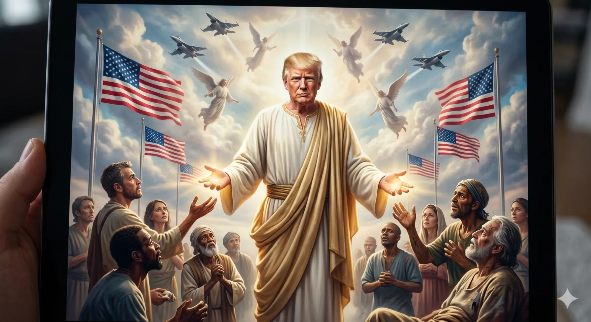 Close-up on a tablet screen displaying a distorted, flickering AI-generated image of a political figure (bearing Trump's likeness) in the posture of Christ performing healing. A clean wooden cross is beside the screen in the foreground. NAR Trojan Horse urgent alert header.