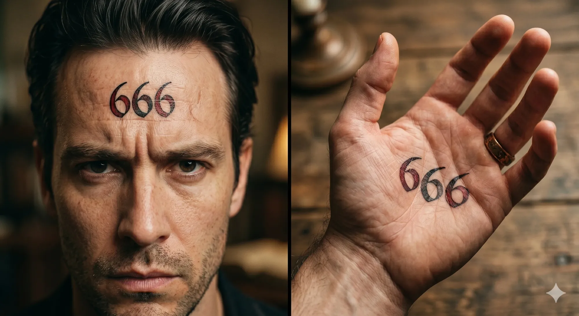 A two-panel photograph shows a close-up on the left of a man's face with "666" tattooed on his forehead. On the right, a detailed view of his open palm displays the same "666" mark tattooed in the skin.