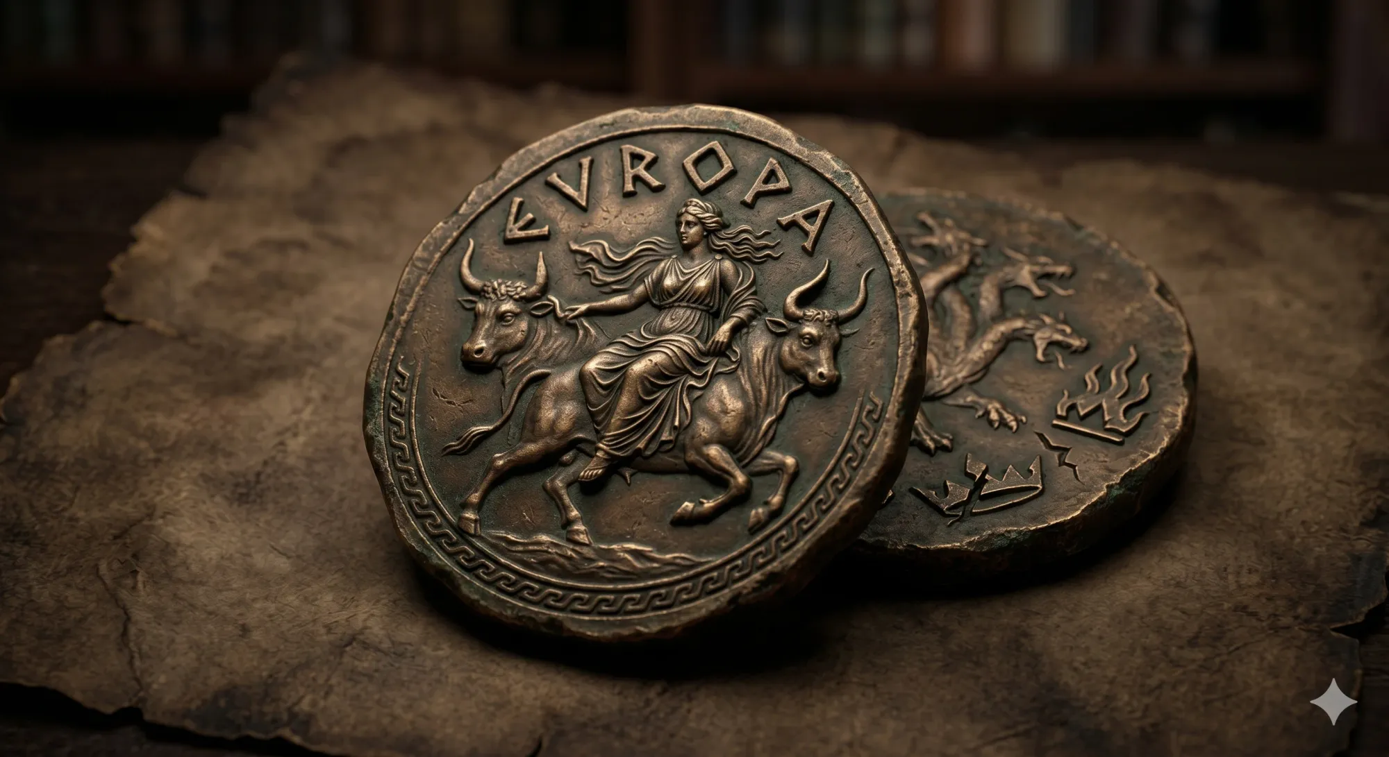A weathered bronze coin featuring Europa riding the bull, a potent symbol often contrasted with the biblical archetypes discussed in the context of the New Apostolic Reformation.