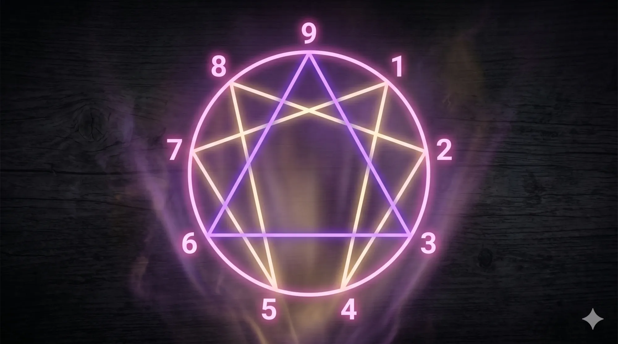 A diagram illustration of the geometric Enneagram symbol with glowing purple and gold lines and bold numbers 1 through 9 against a dark background, illustrating the complex structure used in New Age numerology.