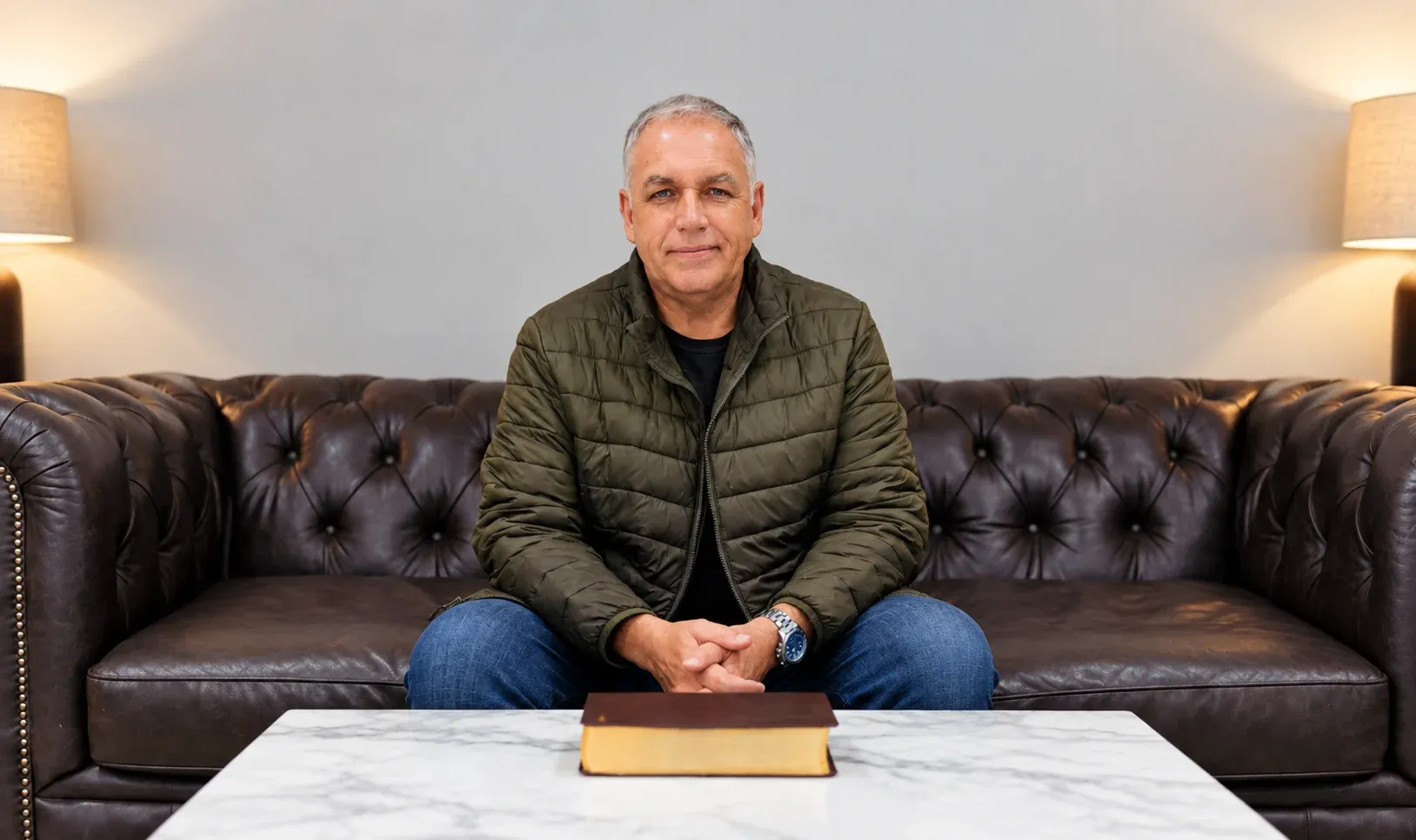 Christian apologist and author Alan Vincent seated on a Tufted leather couch with a book on a white marble coffee table