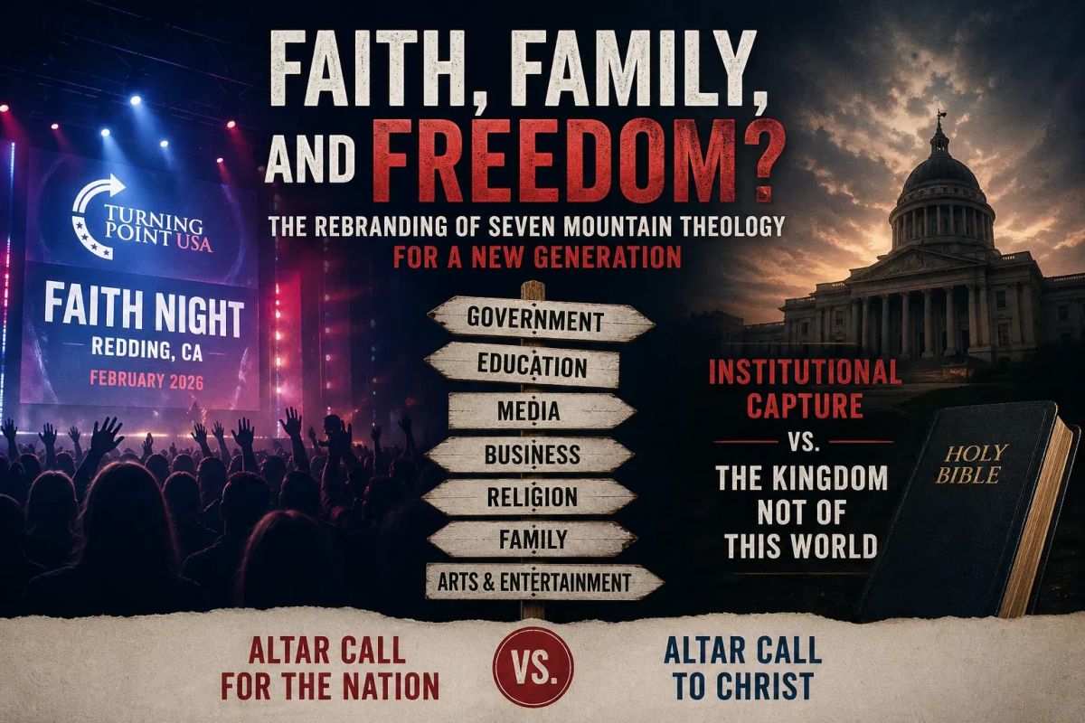 Split graphic of rally crowd, capitol building, Bible, and signs naming institutions, contrasting political power with the Kingdom of God.