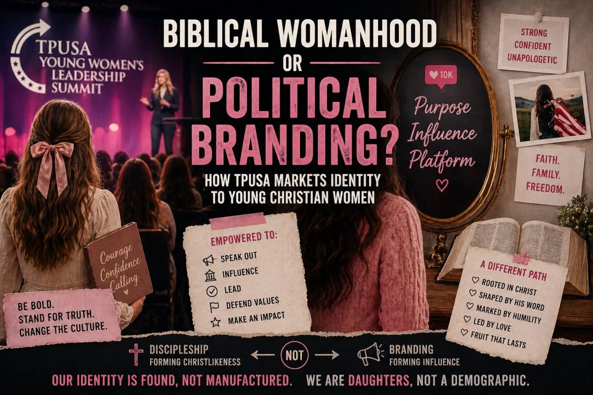 Split image of young women at conference stage, mirror, Bible, and branding slogans, contrasting discipleship with political identity marketing.