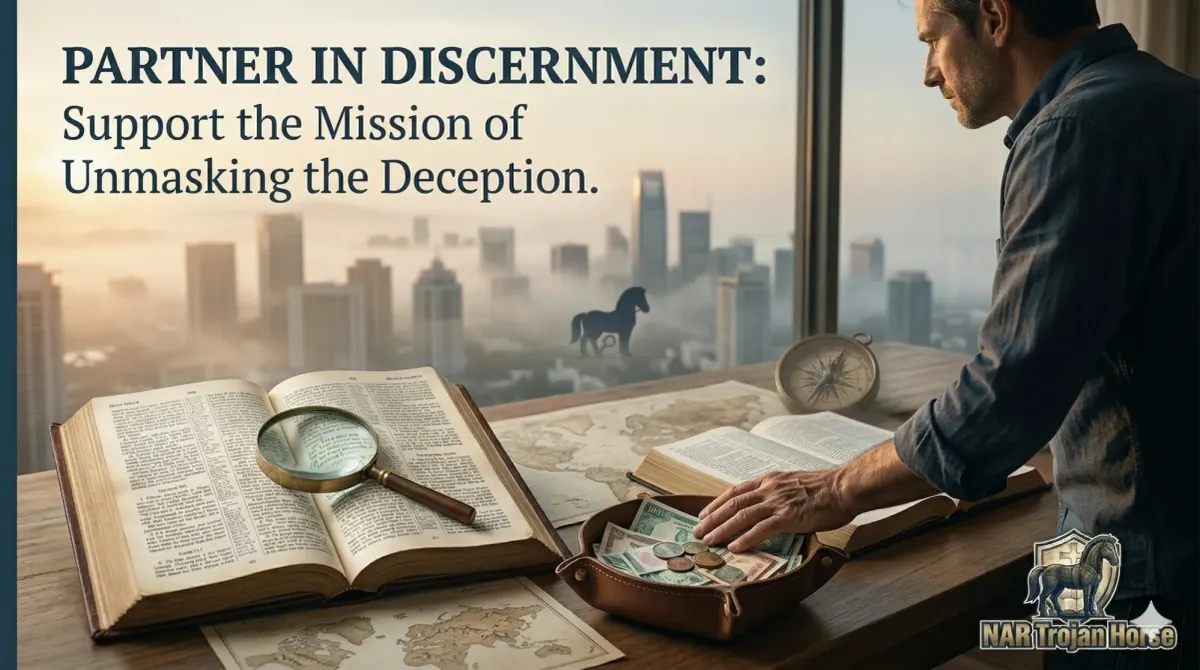 A researcher at dawn overlooking a city with a Trojan Horse silhouette, symbolizing the mission of NAR Trojan Horse to unmask deception through biblical vigilance.