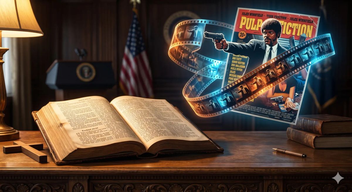 A Bible in warm light contrasted with a flickering film strip of a fictional character. Symbolizing the NAR's inversion of Truth for propaganda.