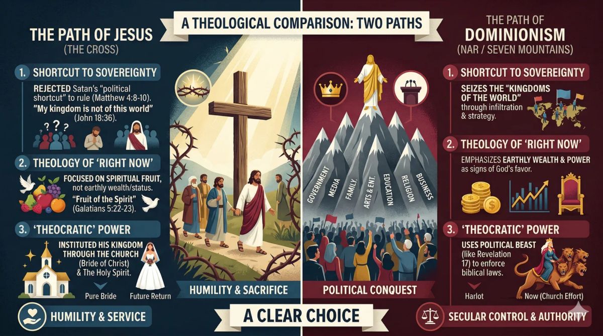 Infographic comparing the Path of Jesus (the Cross) versus the NAR Path of Dominionism (Political Conquest) over the Seven Mountains of culture.