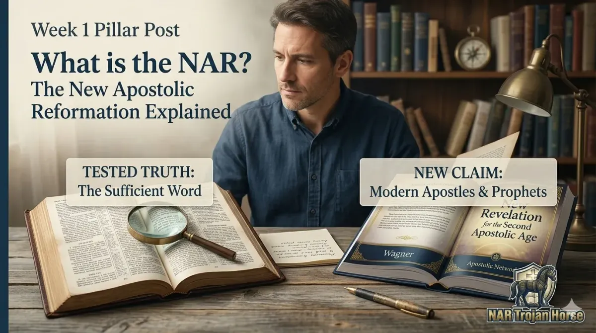 Magnifying glass comparing an antique Bible to a modern 'New Revelation' book, illustrating the theological shift in the New Apostolic Reformation (NAR) movement