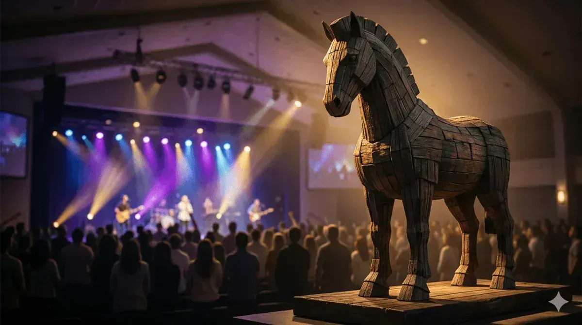 A wooden Trojan Horse standing before a church building, symbolizing the subtle infiltration of NAR and Dominionism theology into local Christian congregations.