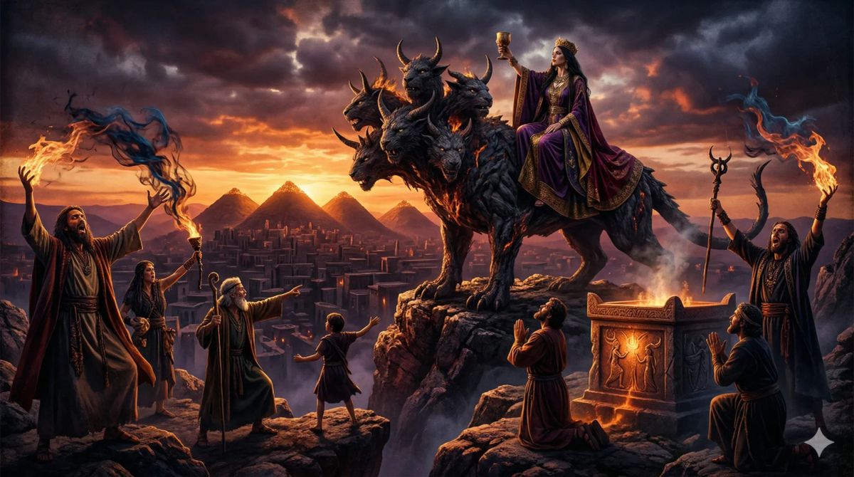Jezebel riding the Revelation 17 beast overlooking the Seven Mountains; a visual metaphor for the NAR, dominion theology, and the spiritual war for American culture.