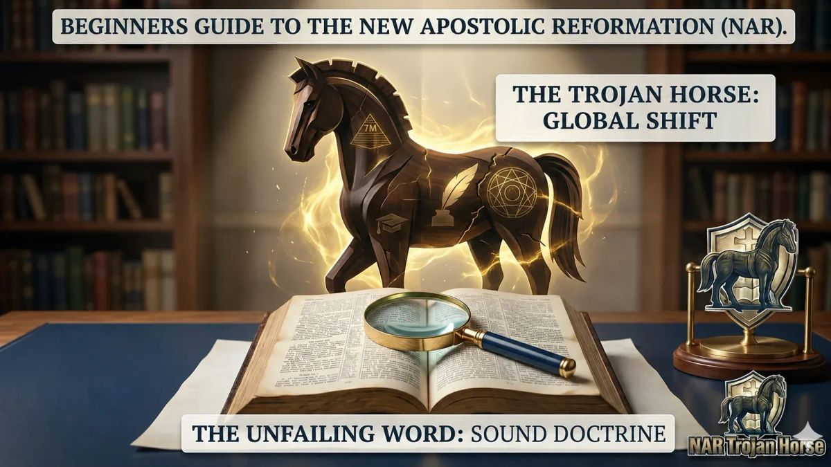 Glowing Trojan horse above an open Bible with magnifying glass in a library study. Graphic references the New Apostolic Reformation, sound doctrine, and global spiritual shift.