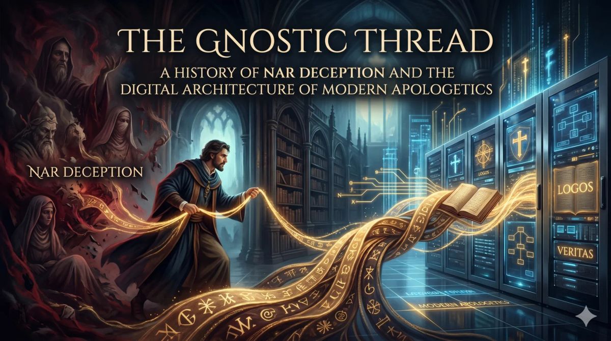 Graphic showing a thread connecting historical Gnosticism and NAR deception to modern digital server architecture, illustrating the evolution of Christian apologetics and online theology.