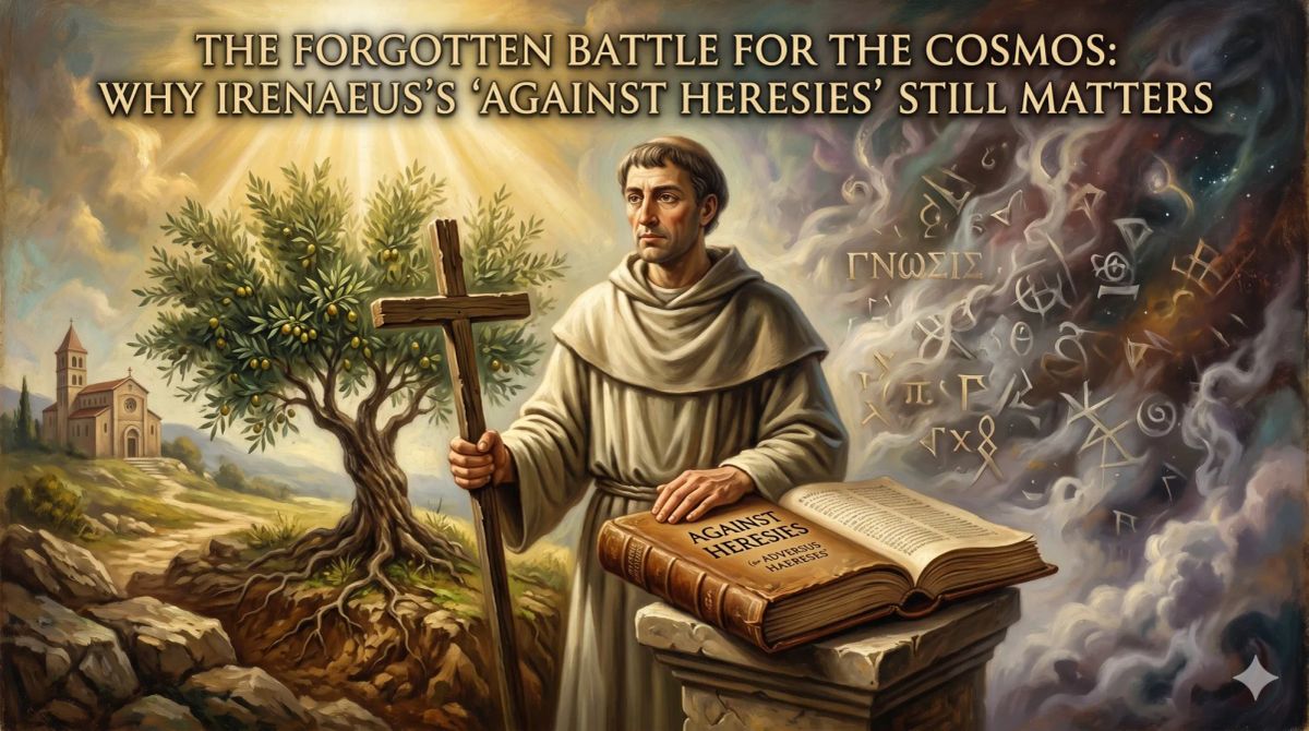 An artistic depiction of Saint Irenaeus of Lyons standing with an open copy of 'Against Heresies', contrasting a rooted olive tree with swirling Gnostic symbols.