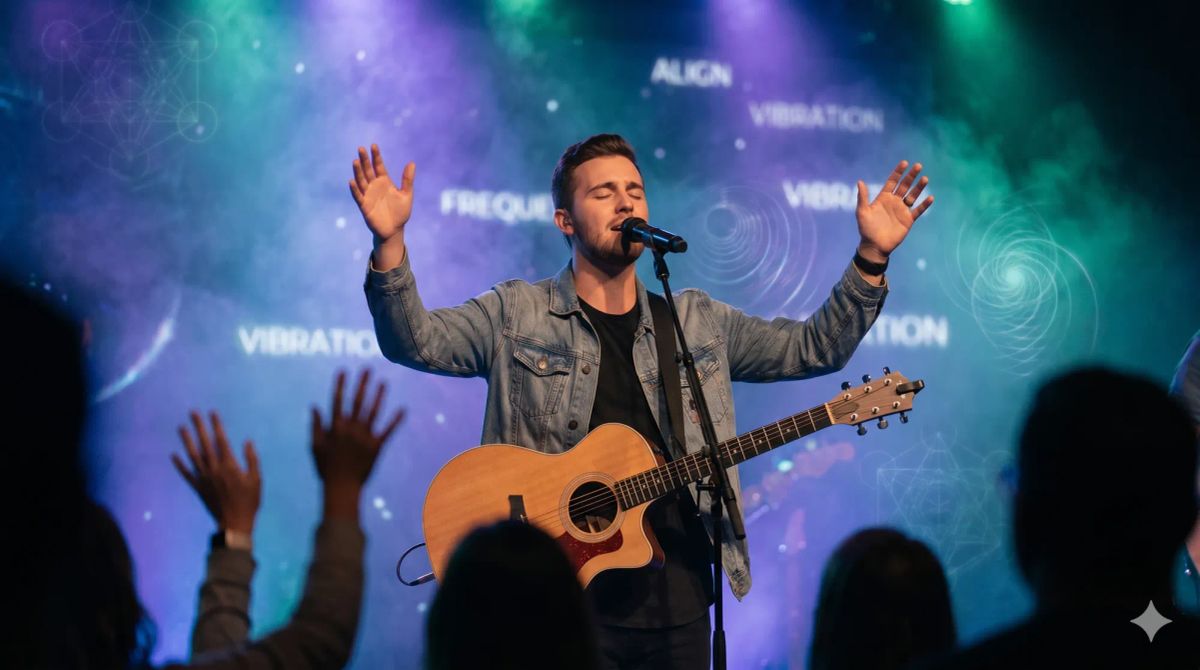 Worship leader with guitar on stage. Background screen and fog subtly display New Age words like VIBRATION, ALIGN, and FREQUENCY alongside abstract geometric overlays.