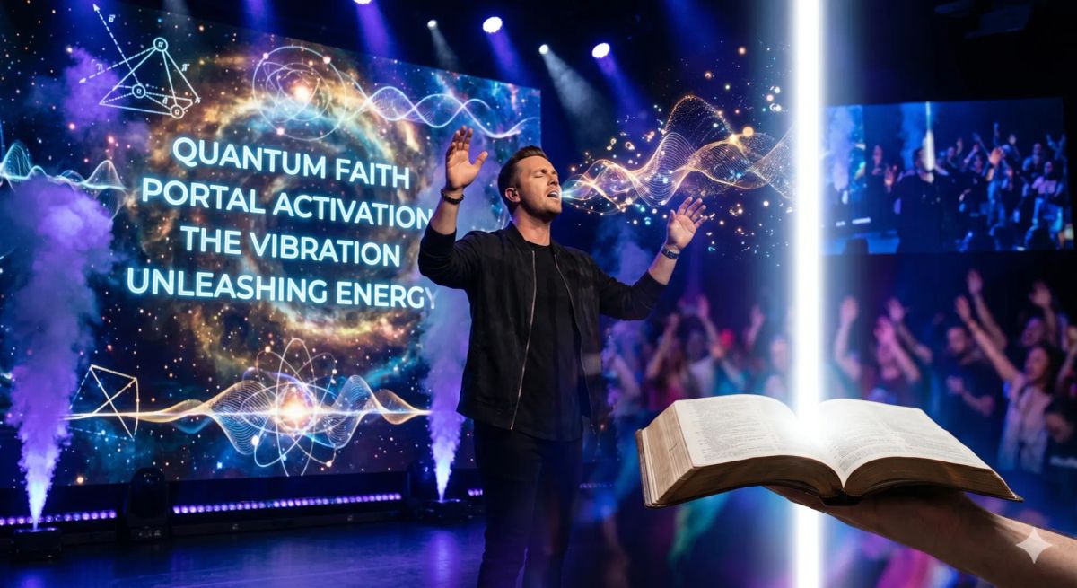 Worship leader on stage with "Quantum Faith" screen graphics. An open Bible in the foreground emits a beam of light, contrasting biblical truth with NAR vibrational worship portals.