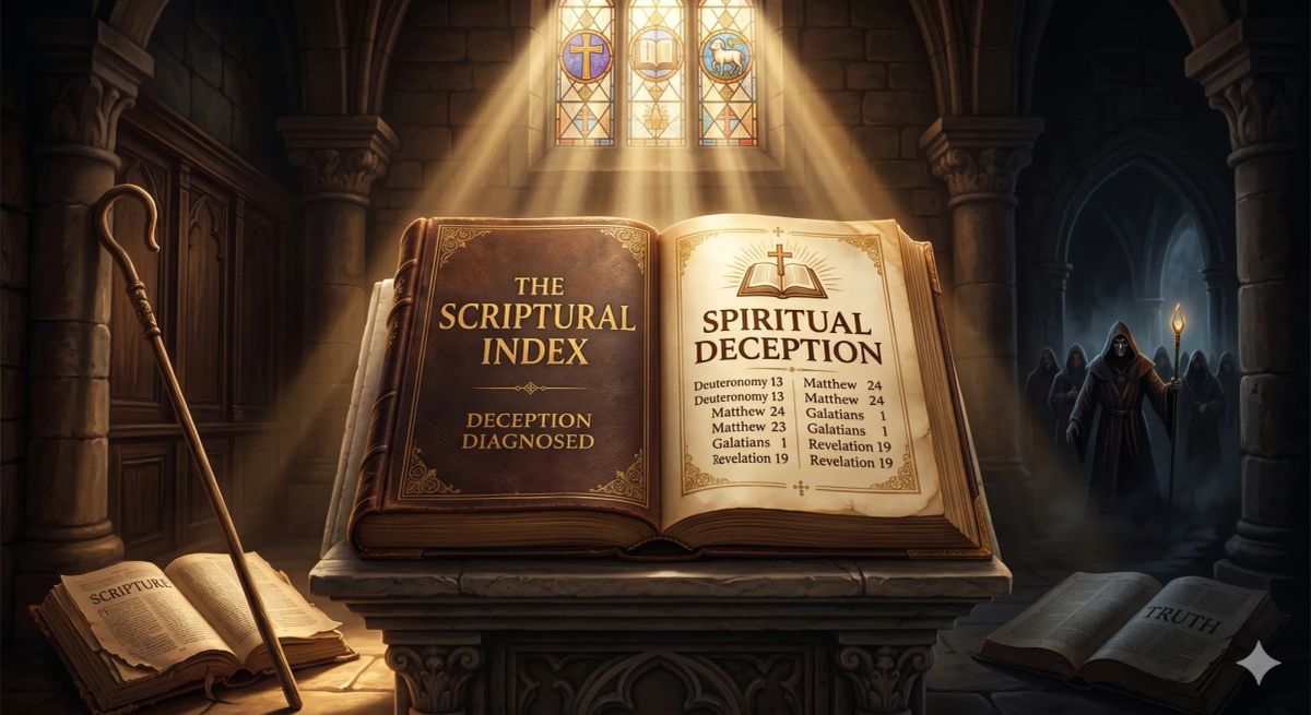 Open Bible titled The Scriptural Index of Spiritual Deception under a beam of light on a stone altar, exposing false prophets and hidden cloaked figures lurking in the dark background.