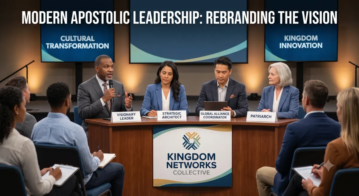 Four diverse speakers at a 'Kingdom Networks Collective' panel titled 'Modern Apostolic Leadership: Rebranding the Vision,' showcasing the movement's modern nomenclature.