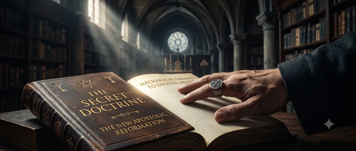 An illustrated hand with an ornate ring rests on an open leather book titled 'THE SECRET DOCTRINE' and 'THE NEW APOSTOLIC REFORMATION', in a grand gothic library with dramatic sunlight.