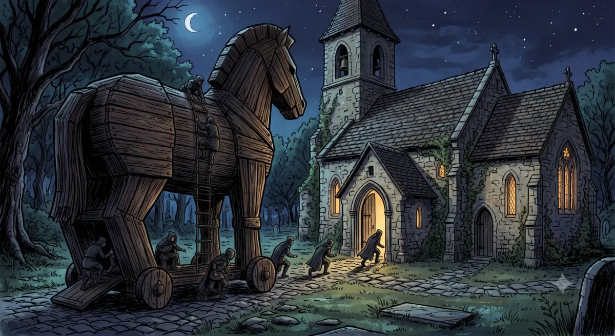 Cloaked figures emerge from a large wooden Trojan horse at night to stealthily enter an old stone church.