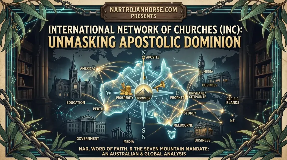 A detailed infographic titled 'INTERNATIONAL NETWORK OF CHURCHES (INC): UNMASKING APOSTOLIC DOMINION' shows a glowing map of Australia and a world map overlaid with connecting lines to intern